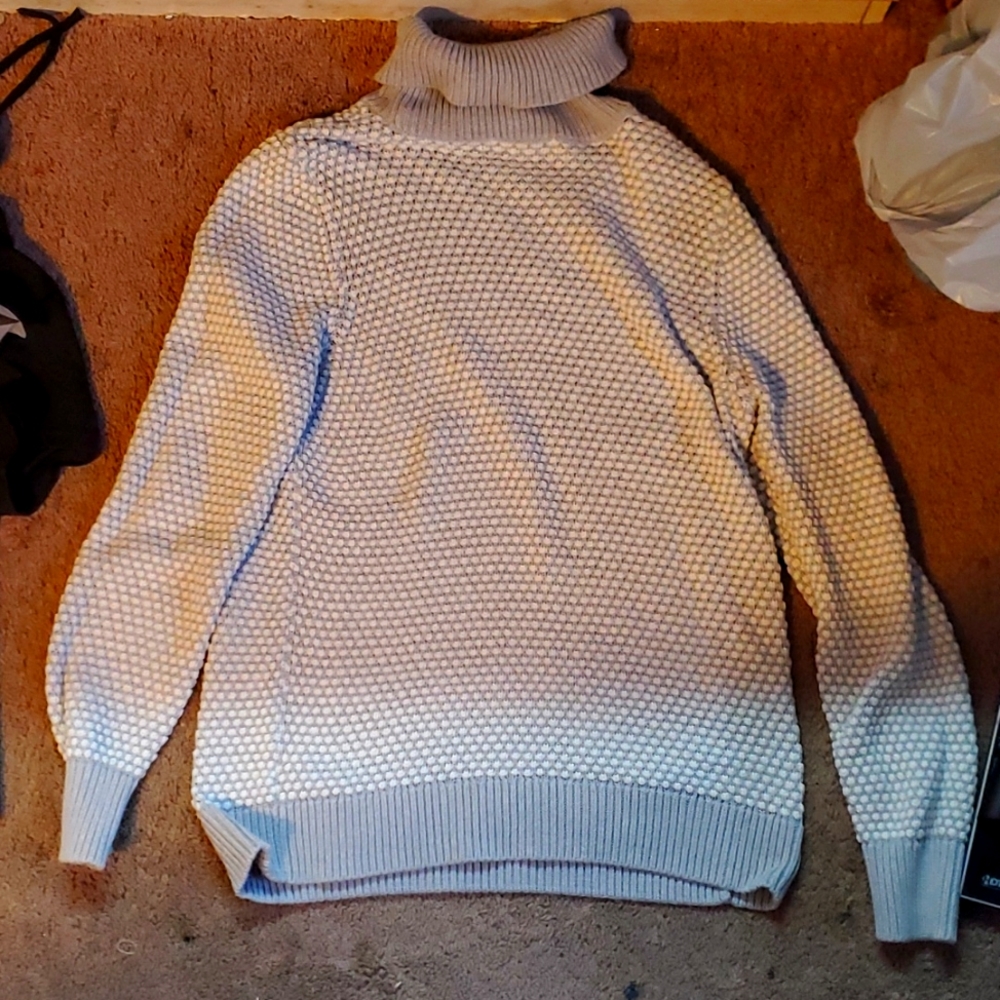a silver and white turtleneck